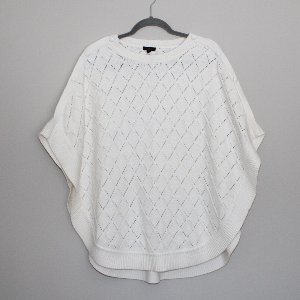 Talbots White Pointelle Diamond Knit Button Shoulder Poncho Sweater Small